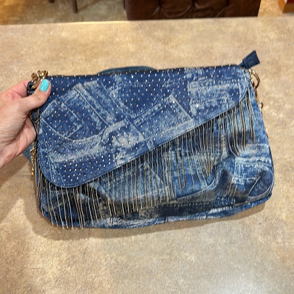 Womens purse it looks like denim but its not it has rhinestones and chain fringe - Picture 1 of 9